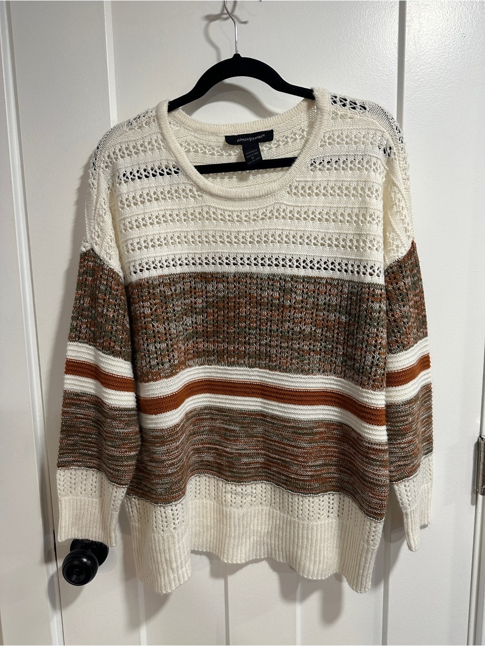 Ashley Stewart Cream Sweater with Brown and Rust Stripes